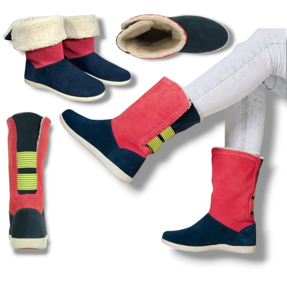 CROCS Women's Adela Foldover Fuzz Suede Booties Pink Poppy/Yellow Stucco/Navy